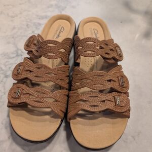 Clarks Collection Womens Leather Slide Sandals Laurieann Ruby Tan